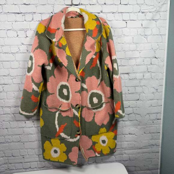 Davi & Dani Flower Bomb Knit Long Button Cardigan Sweater Jacket Size M - Picture 1 of 8